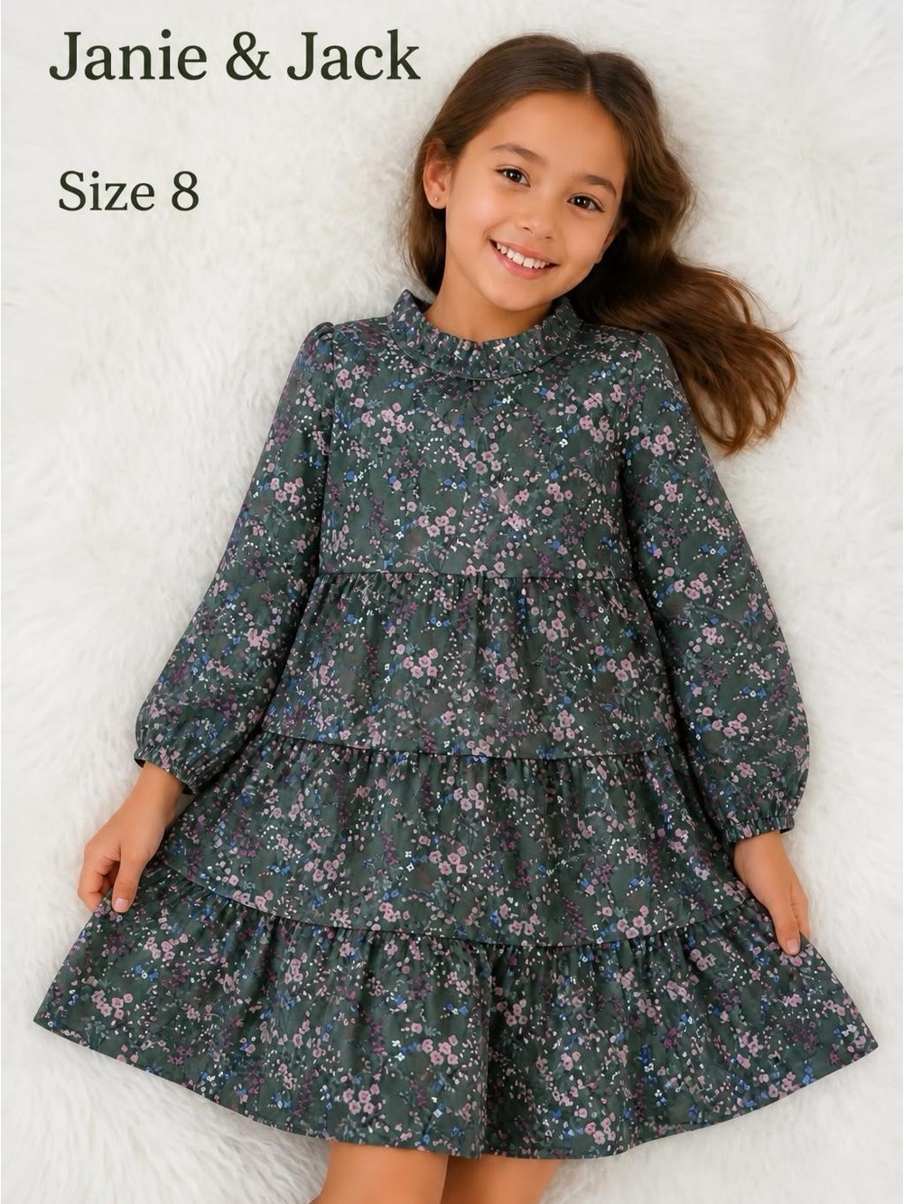 Janie & Jack Girls Floral Long‑Sleeve Dress – Size 8 (Excellent Condition)
